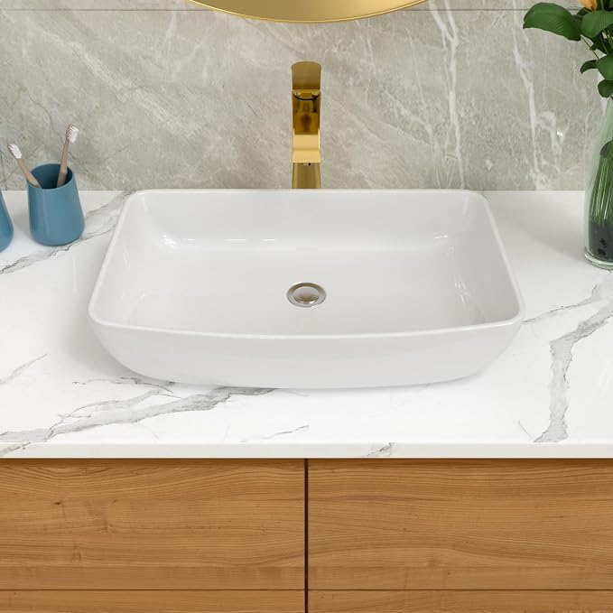 Lordear Vessel Sink Rectangular 24 Inch Curved Rectangle Bathroom Sink Modern Above Counter White Porcelain Ceramic Bathroom Vessel Vanity Sink Art Basin