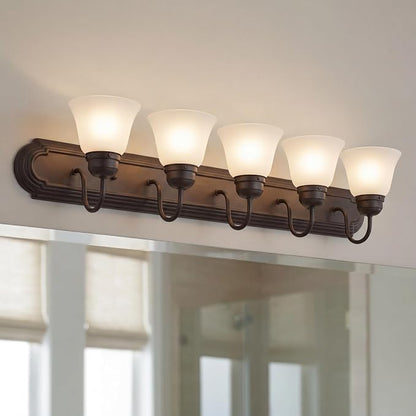 Kichler 5-Light Bathroom Vanity Light, Tannery Bronze | Damp-rated vanity light with satin etched glass (36" x 8" x 5"), 5339TZS