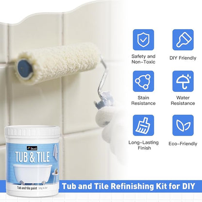DWIL Tile Paint, Tub and Tile Refinishing Kit with Tools, Bathtub Paint Water Based &Low Odor, Easy to Use for Bathroom Kitchen, Semi-Gloss Vanilla White