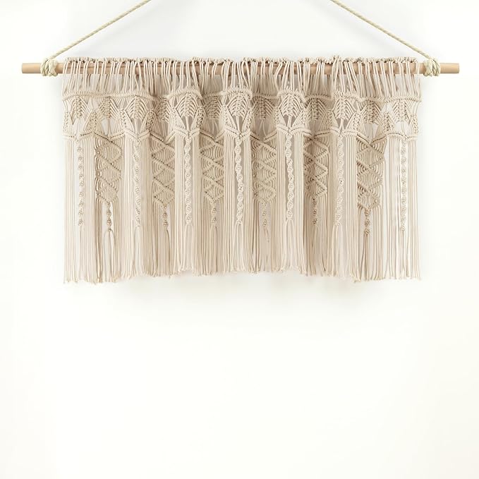 Lush Decor Boho Macrame Textured Cotton Valance, 50" W x 20" L, Neutral - Boho Kitchen Curtains & Wall Decor - Macrame Valance - Bathroom Window Curtains