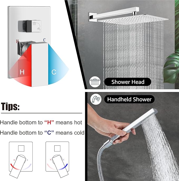 Midanya Shower Faucet Set,Wall Mount Shower System with Square Rain Shower Head and Hand Sprayer, Rough-in Valve Body and Trim Kit Included,16 Inch,Polish Chrome