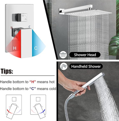 Midanya Shower Faucet Set,Wall Mount Shower System with Square Rain Shower Head and Hand Sprayer, Rough-in Valve Body and Trim Kit Included,16 Inch,Polish Chrome