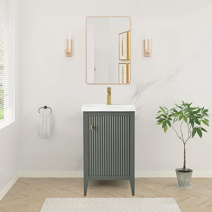 HOMEBEYOND 20" Bathroom Vanity with Ceramic Sink, Solid Wood Free-Standing Vanities Cabinet, Ceramic Top, Golden Brushed Hardware & Soft Closing Door, Vintage Green