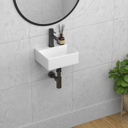 Wall Mounted Bathroom Sink 13x11 inch Porcelain Small Vessel Sink | Rectangular Bathroom Wall Hung Wash Basin Vessel Sink Modern White Ceramic Lavatory Sink for Bathroom Vanity