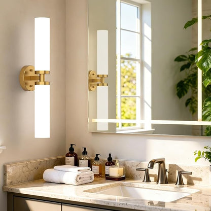 Wall Sconces Set of 2 Hardwired Bathroom Light Fixtures E26 Base | Brushed Gold, 22Inch, Modern Vanity Wall Lighting with Milky White Glass Shade, for Mirror Bedroom Living Room Hallway