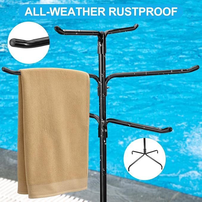 Pool Towel Rack Outdoor, Heavy Duty Freestanding Towel Holder Stand with 6 Bars & Stable Metal Base, 52-inch Tall Hot Tub Towel Hanger for Poolside, Spa, Bathroom, Sauna (Black)