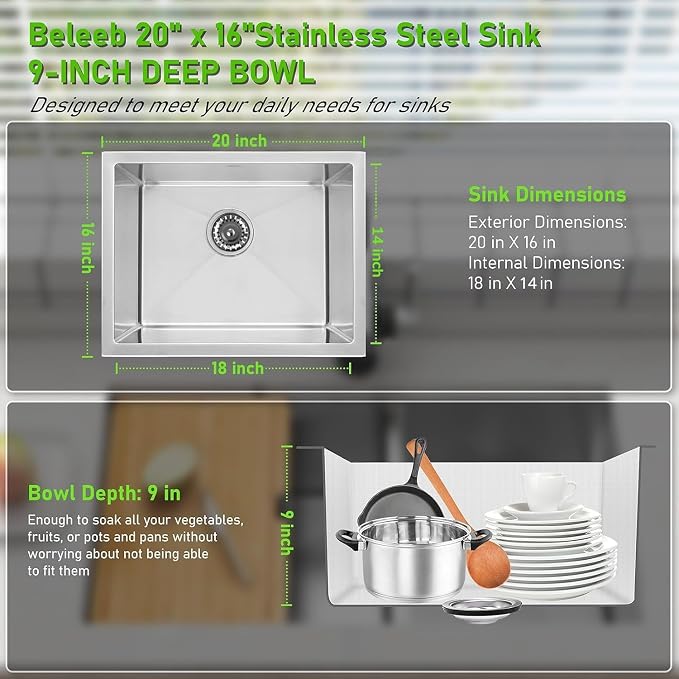 Undermount Kitchen Sink 20"x16": 3D Micro-pebble Embossed | 18-Gauge Stainless Steel Sink, 9" Deep, Top Mount, Scratch-Resistant Embossed Surface, for High-frequency Cooking, RV