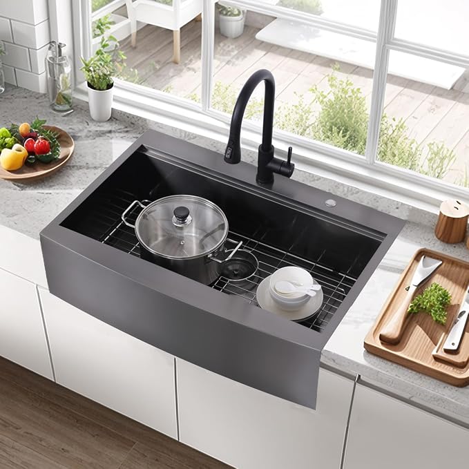 33x22 Inch Drop In Gunmetal Black Farmhouse Sink, 16 Gauge Stainless Steel Single Bowl Apron Front Workstation Farm Sink With Accessories