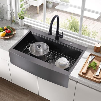 33x22 Inch Drop In Gunmetal Black Farmhouse Sink, 16 Gauge Stainless Steel Single Bowl Apron Front Workstation Farm Sink With Accessories
