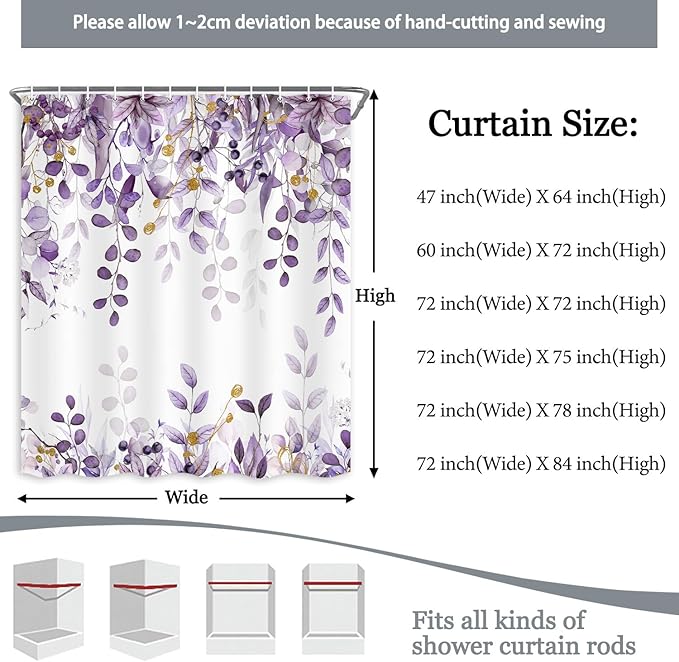 Extra Long Eucalyptus Shower Curtain 72X84 Inch, Purple Watercolor Plants Leaves Floral Tall Bathroom Curtains, Botanical Foliage Waterproof Fabric Cloth Shower Curtain Set with Hooks