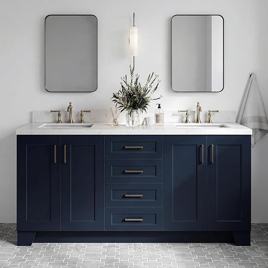 DKB Emilia 72 Inch Bathroom Vanity Double Sink — Midnight Blue Bathroom Vanity with Sink, 1.5" Edge Carrara White Quartz Countertop & Backsplash, 4 Soft-Close Doors, and 6 Dovetail Drawers