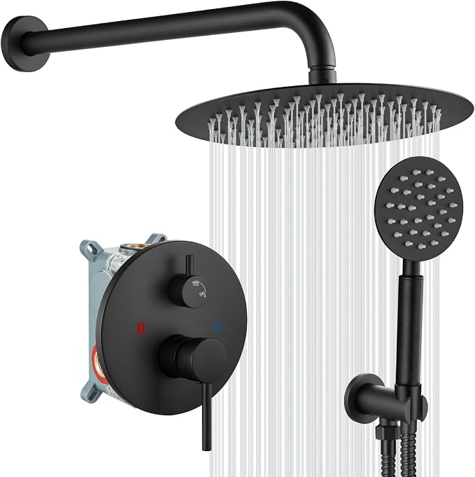 gotonovo High Pressure Shower System Valve and Trim Kit,Matte Black | Round Rain 10 Inch Shower Head with Handheld Faucet Set Complete,Rough In Valve,2-in-1 Diverter,All Metal,Bathroom Wall Mount