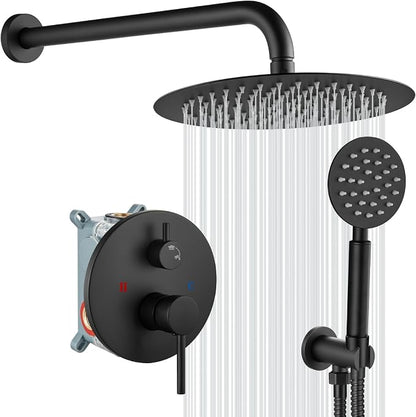 gotonovo High Pressure Shower System Valve and Trim Kit,Matte Black | Round Rain 10 Inch Shower Head with Handheld Faucet Set Complete,Rough In Valve,2-in-1 Diverter,All Metal,Bathroom Wall Mount