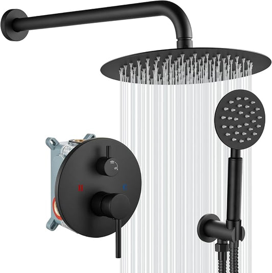 gotonovo High Pressure Shower System Valve and Trim Kit,Matte Black | Round Rain 10 Inch Shower Head with Handheld Faucet Set Complete,Rough In Valve,2-in-1 Diverter,All Metal,Bathroom Wall Mount