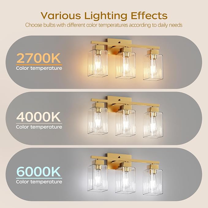 PARTPHONER 3-Light Bathroom Light Fixtures, Brushed Gold Modern Vanity Lights, Bathroom Lighting Fixtures Over Mirror, Square Design Farmhouse Wall Sconces with Clear Glass Shades