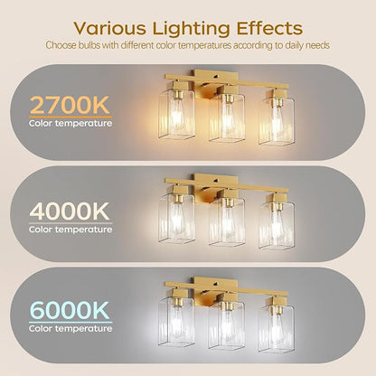 PARTPHONER 3-Light Bathroom Light Fixtures, Brushed Gold Modern Vanity Lights, Bathroom Lighting Fixtures Over Mirror, Square Design Farmhouse Wall Sconces with Clear Glass Shades