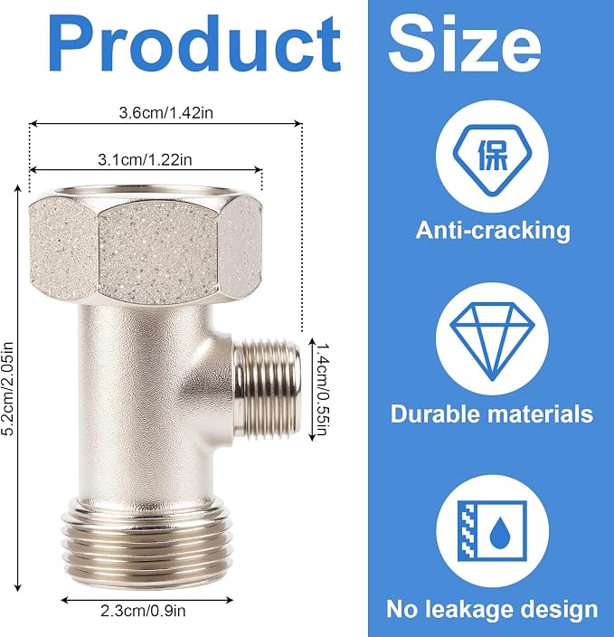 7/8"x7/8"x3/8" 3-Way T Valve Connector with Washer Universal Metal Adapter | T-Adapter for Shower Toilet Bidet Attachment Valve Hose Fitting Replacement Parts Accessories