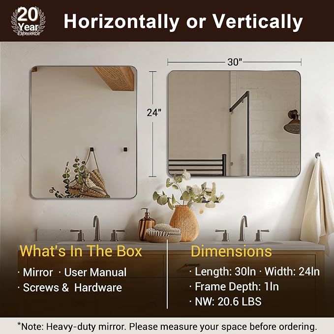 Brushed Nickel Mirrors for Bathroom Sink, 24x30 Inch Bathroom Vanity Mirror with Rectangular Metal Frame-Modern Clean Design with Superior Stainless Steel Frame