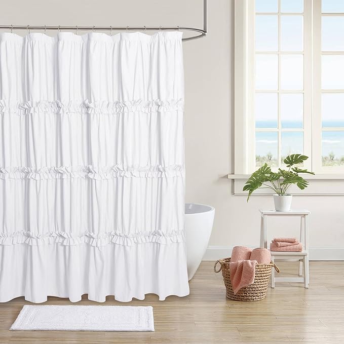 Farmhouse Ruffle Shower Curtain, White, 72 x 72 in | Decorative Elegant Bathroom Curtain with 12 Holes, Soft Ruched Microfiber Fabric, Vintage Handmade Design