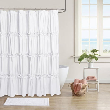 Farmhouse Ruffle Shower Curtain, White, 72 x 72 in | Decorative Elegant Bathroom Curtain with 12 Holes, Soft Ruched Microfiber Fabric, Vintage Handmade Design