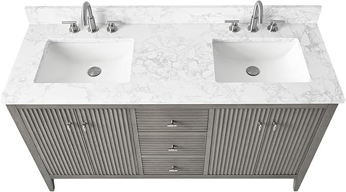 HOMEBEYOND 60" Bathroom Vanity with Double Sink, Solid Wood Bathroom Vanity Free-Standing Cabinet, Ceramic Top & Soft Closing Door, Golden Brushed Handware, Driftwood Gray
