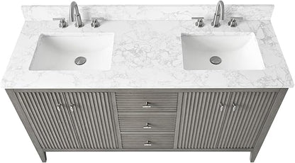 HOMEBEYOND 60" Bathroom Vanity with Double Sink, Solid Wood Bathroom Vanity Free-Standing Cabinet, Ceramic Top & Soft Closing Door, Golden Brushed Handware, Driftwood Gray
