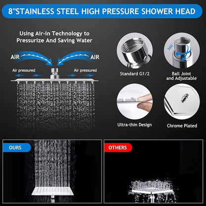 Shower Head Combo,8 Inch High Pressure Rain Shower Head with 11 Inch Adjustable Extension Arm and 5 Settings Handheld Shower Head Combo,Powerful Shower Spray Against Low Pressure Water with Long Hose