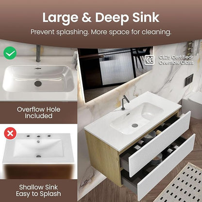36″ Natural Wood & White Floating Bathroom Vanity with Sink, Modern Bathroom Cabinet with Soft Close & Large Storage Drawers, for Bath, Apartment, Hotel, Fully Assembled