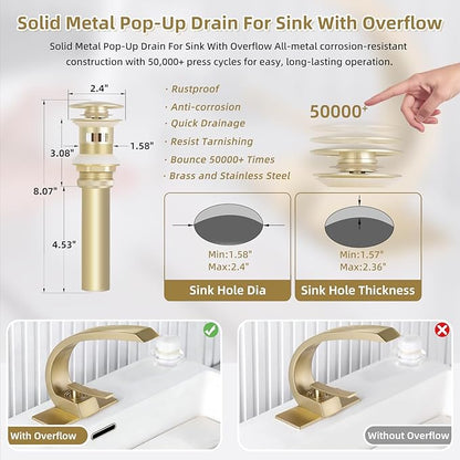 Brushed Gold Bathroom Sink Vanity Elegance Swan Faucet for 1 Hole With 6-Inch 3 Hole Deckplate,Rikaziya Bathroom Fixtures Faucets Pop Up Overflow Drain With 9/16" Supply Hose and to 1/2" Adapter Combo