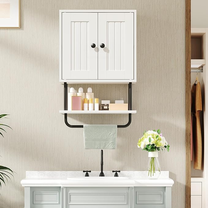 HOOBRO Bathroom Wall Cabinet, Modern Medicine Cabinet with Open and Adjustable Shelf, Over The Toilet Storage Cabinet with Towel Bar, Wall Mounted Organizer for Bathroom, Kitchen, White and Black