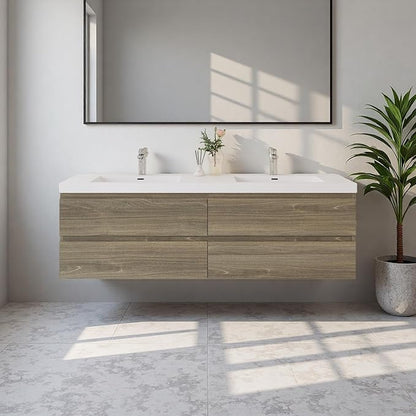72" Floating Bathroom Vanity with Sink, Modern Wall Mounted Vanity with Resin Top Basin and 4 U-Shaped Soft-Close Storage Drawers, Bathroom Storage Cabinet with Invisible Handle, Grey