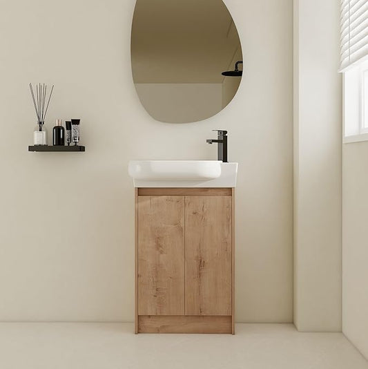 Henf 23" Freestanding Bathroom Vanity with Sink Set for Small Space, Soft Close Doors Round Ceramic Basin Floor Mount Bathroom Cabinet, Vanity and Sink Combo for Home
