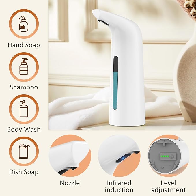 Automatic Liquid Soap Dispenser, 4-Level,Rechargeable | Plastic,13.5oz/400ml White Touchless Electric Hand & Dish Countertop Soap Dispensers with Sensor for Bathroom,Kitchen Sink