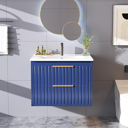 24" Bathroom Vanity with Sink, Floating Vanity Bathroom Sink Cabinet Wall Mount, Soft-Close Function 2 Large Drawers, Grooved Stripe Design, Hidden Damping Drawers, Blue