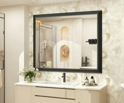 SMIROR 40x30 Matte Black Bathroom Vanity Mirror for Over Sink | Metal Wide Frame, Rectangle, Right- Angle Corner, Anti-Rust, Horizontally or Vertically Wall- Mounted for Home Remodel