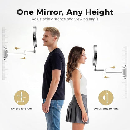 Wall Mounted Makeup Mirror, 8 Inch, 1X/30X, Rechargeable 4000mAh | Double-Sided LED Mirror with Extendable Arm and 360° Swivel for Makeup, Skincare, Shaving, and Bathroom Vanities