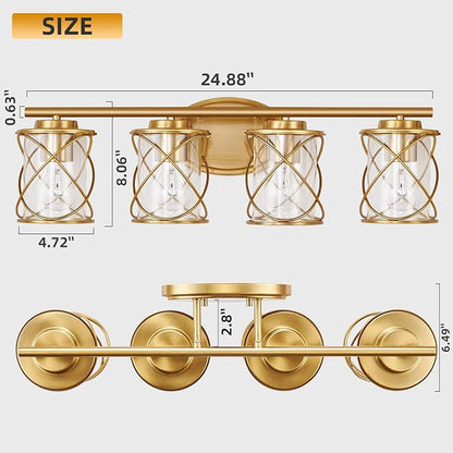 4-Lights Bathroom Vanity Lights, Bathroom Light Fixtures Over Mirror, Brushed Gold Vanity Light, Farmhouse Wall Lights with Clear Glass Shade, Bathroom Wall Lamp for Mirror Kitchen Bedroom