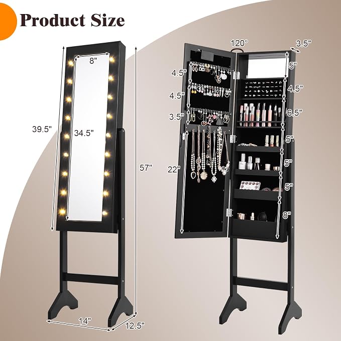 Jewelry Armoire with 18 LED Lights, Freestanding Jewelry Organizer with Full-length Mirror, Large Storage Mirrored Jewelry Cabinet with 16 Lipstick Holders, for Bedroom, Dressing Room (Black)