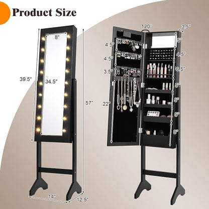 Jewelry Armoire with 18 LED Lights, Freestanding Jewelry Organizer with Full-length Mirror, Large Storage Mirrored Jewelry Cabinet with 16 Lipstick Holders, for Bedroom, Dressing Room (Black)