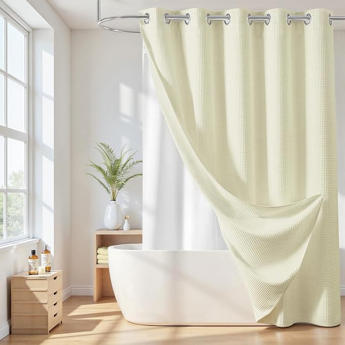 River Dream Cotton Blend No Hook Shower Curtain with Liner, Cream, 71x74 | with Snap in Liner, Heavyweight Waffle Fabric, Hotel Grade for Bathroom, Water Repellent, Corner Magnets, Machine Washable