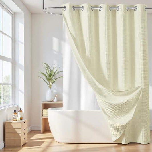 River Dream Cotton Blend No Hook Shower Curtain with Liner, Cream, 71x74 | with Snap in Liner, Heavyweight Waffle Fabric, Hotel Grade for Bathroom, Water Repellent, Corner Magnets, Machine Washable