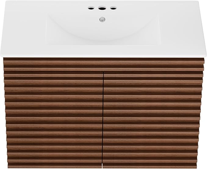 ROOMTEC 36" Bathroom Vanity with Ceramic Sink Combo, Mid-Century Wall Mounted Floating Bathroom Vanity Cabinet with 2 Closing Doors, Wood Grain Texture, Walnut