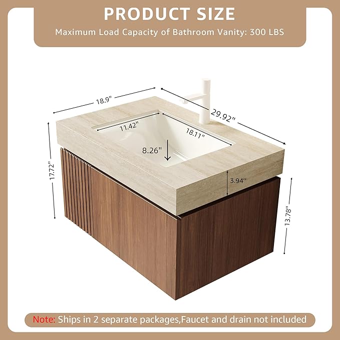30” Floating Bathroom Vanity with Sink, Wall-Mounted Cabinet with Drawer & Doors, Roma Travertine-Pattern Countertop, Undermount Basin, Single Faucet Hole, Soft-Close, Pre-Assembled, Brown Oak