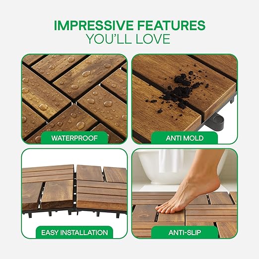 Idzo Interlocking Deck Tiles 9.6 SQFT - 10PCS Waterproof Acacia Wood Patio, Flooring Panels for Indoor and Outdoor - Decking Checker Pattern, 11.81 x 11.81 x 0.91 Inches, Golden