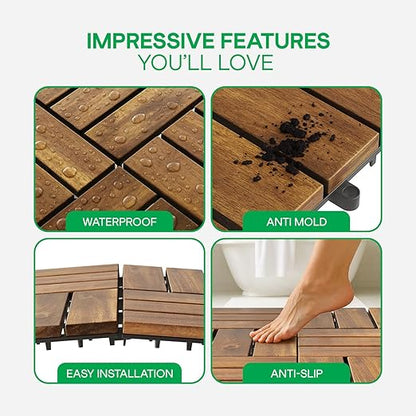 Idzo Interlocking Deck Tiles 9.6 SQFT - 10PCS Waterproof Acacia Wood Patio, Flooring Panels for Indoor and Outdoor - Decking Checker Pattern, 11.81 x 11.81 x 0.91 Inches, Golden