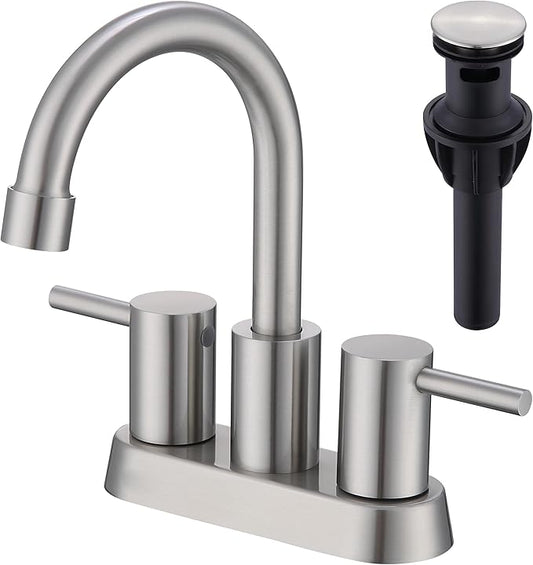4 Inch 2 Handle 2 or 3 Hole Bathroom Faucet with Pop up Drain and Supply Lines, Brushed Nickel Bathroom Sink Faucet 3 Hole, Stainless Steel Vanity Faucets for Bathroom, Restroom, Rv