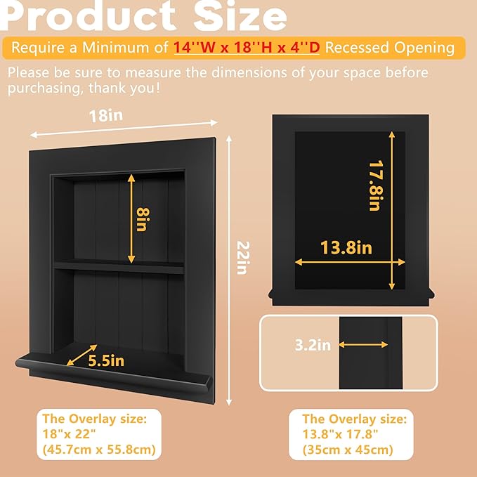 Royxen Recessed Medicine Cabinet 13.8 x 17.8 Inch, Medicine Cabinets, Large Medicine Cabinet, 2-Tier Bathroom Cabinets Wall Mount for Home Storage, Black