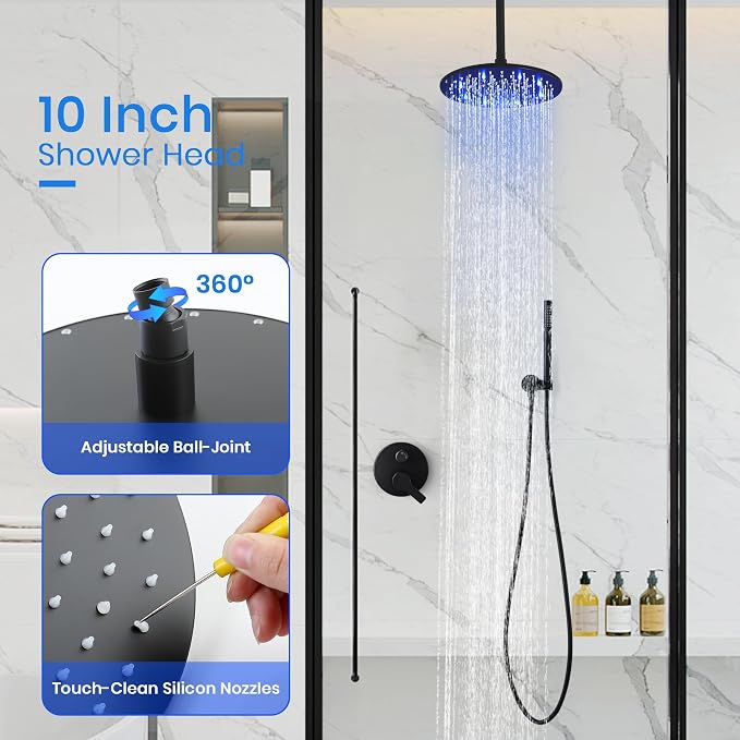 SKOWLL Black Round Rainfall Shower Head and Handle Set, Ceiling Mounted Shower Fixtures, Shower Faucet Trim Repair Kits (With Shower Valve)