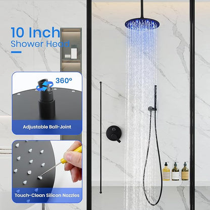 SKOWLL Black Round Rainfall Shower Head and Handle Set, Ceiling Mounted Shower Fixtures, Shower Faucet Trim Repair Kits (With Shower Valve)