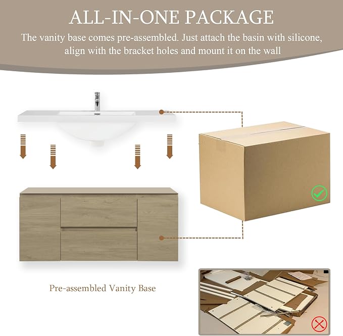 48 Inch Floating Bathroom Vanity with Sink, Large Storage Wall Mounted Floating Vanity with Soft Close Drawers, One-Piece Basin Bathroom Sink Cabinet (Natural Oak, 48")